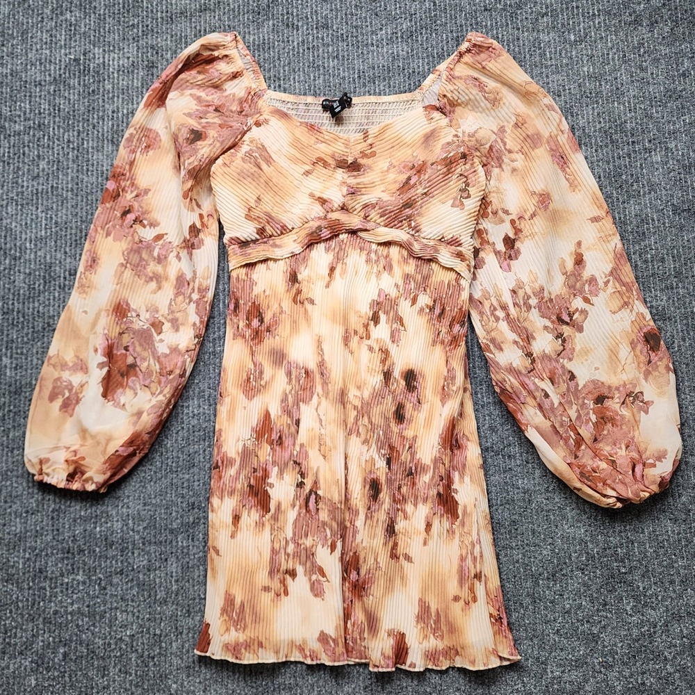 Sincerely Jules Floral Plisse Mini Dress Medium Orange Pink Long Sleeve Smocked